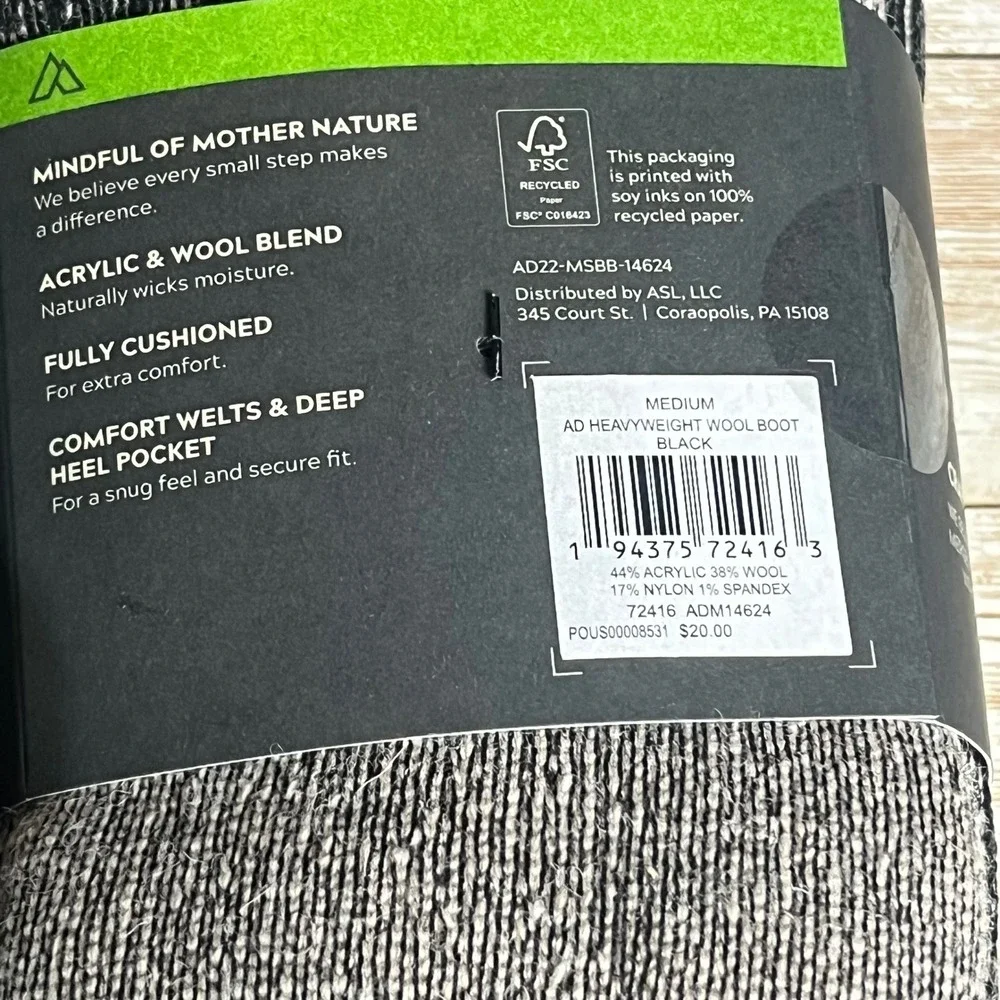 2 pk Alpine Design Men's Medium Wool Blend Boot Socks Black Calf Cut Heavyweight